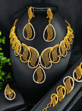 非洲女士满钻合金首饰套装印度尼日利亚中东迪拜项链手链耳环戒指