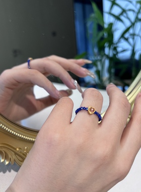 【巴黎爱恋】进口天然青金石戒指指环碧玺爱心925纯银饰女小众