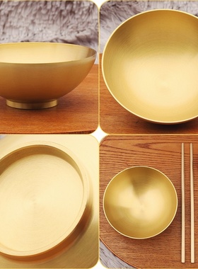 黄铜碗筷勺套装简约中式家居用品桌面摆件加厚光面铜碗工艺品