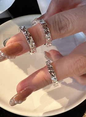 纯银新款闭口男女款单戒指 925银碎冰冰三面车花通体银素戒饰品