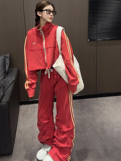 Fashion two-piece set trendy european station 2025 autumn new american casual versatile stand-up collar top elastic waist trousers