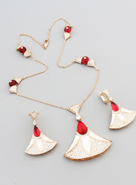 新品轻奢风扇形裙子项链耳坠女士婚礼饰品女锁骨链玫瑰金铜镀金