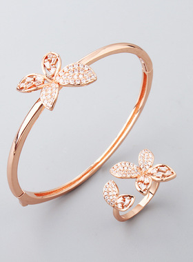 亚马逊新品田园风蝴蝶手镯戒指套装饰品女式马眼锆石镂空饰品