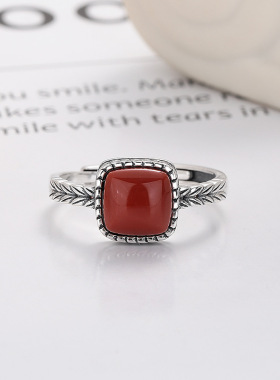 S925纯银麦穗纹南红戒指复古血珀指环可调节食指戒