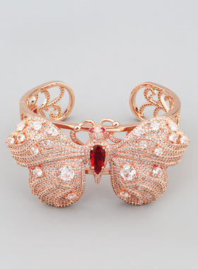 欧美风气质小奢镂空大蝴蝶微镶红锆石满钻手镯跨境热款厂家