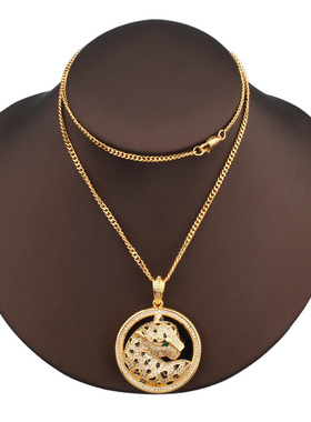 新品复古圆形滴胶豹子微镶锆石绿眼男士嘻哈潮流配饰网红热款