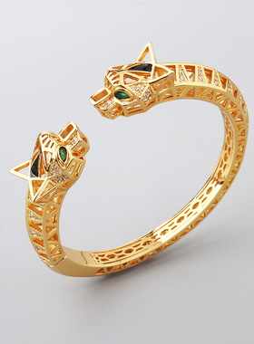 新品复古双头豹子绿眼镂空开口微镶锆石简约男士配饰网红热款