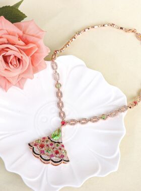 欧美风奢华扇子项链红绿宝石镶嵌扇形优雅女士时尚晚宴款套装