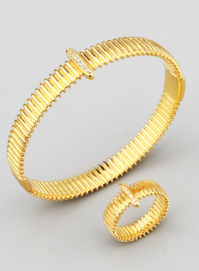 欧美跨境简约几何饰品光面手镯戒指套装男女气质弹簧扣饰品