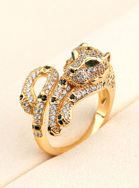 欧美复古豹子卷尾巴满钻绿眼戒指个性炫酷饰品铜镀金跨境