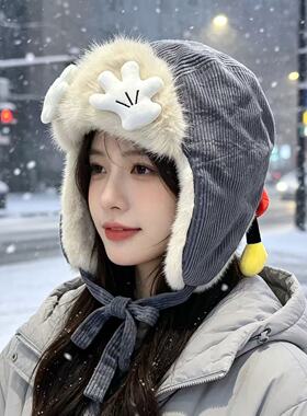 网红卡通手掌雷锋帽女灯芯绒防寒