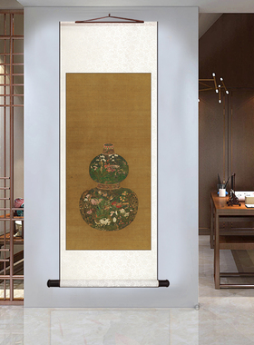 平安如意图卷轴挂画仿古花卉瓶花开富贵吉祥茶室书房玄关装饰画