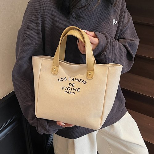 时尚手拎帆布小包包女夏妈咪上班手提袋百搭大容量通勤水桶托特包 - 图1