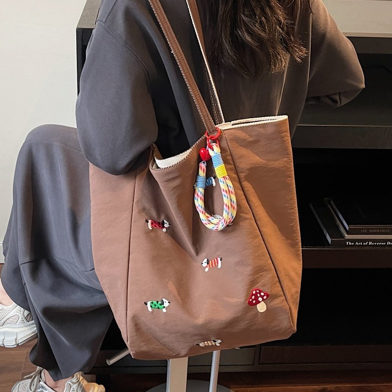 双面条纹大容量托特包女腊肠狗刺绣帆布袋百搭学生上课单肩通勤包,淘宝优惠券,粉丝福利购,淘宝优惠卷