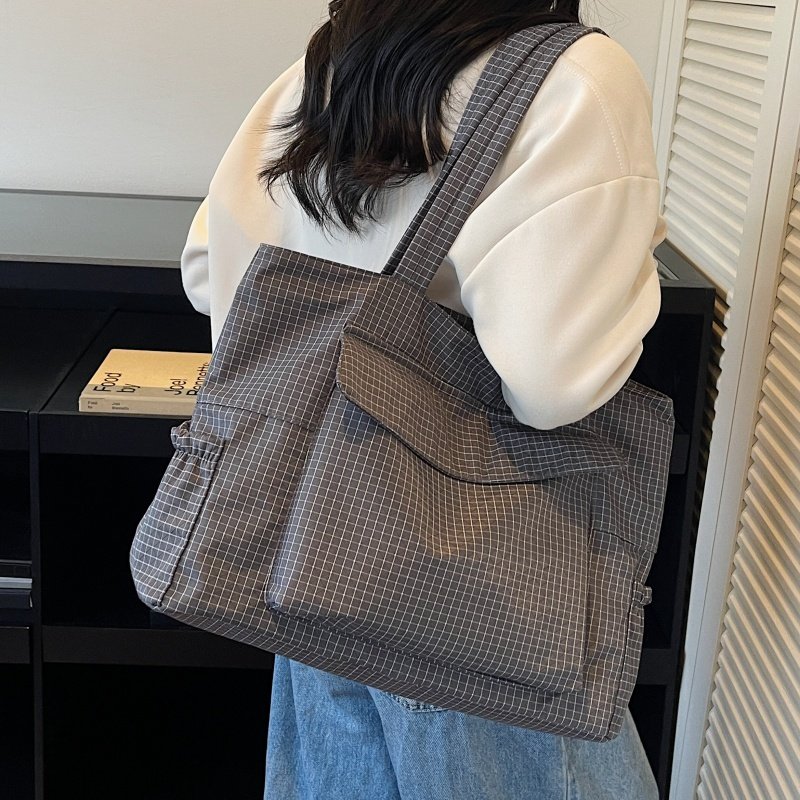 秋冬格纹帆布包包女大容量通勤手提袋小众百搭学生上课单肩托特包,淘宝优惠券,粉丝福利购,淘宝优惠卷