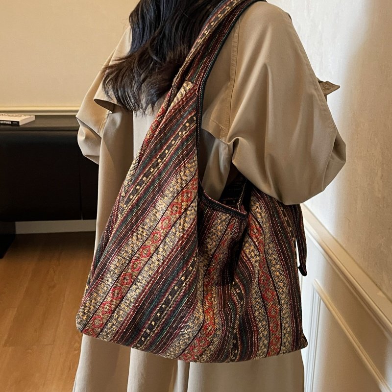 民族风条纹帆布包包女大容量通勤单肩托特包小众百搭慵懒双肩背包,淘宝优惠券,粉丝福利购,淘宝优惠卷