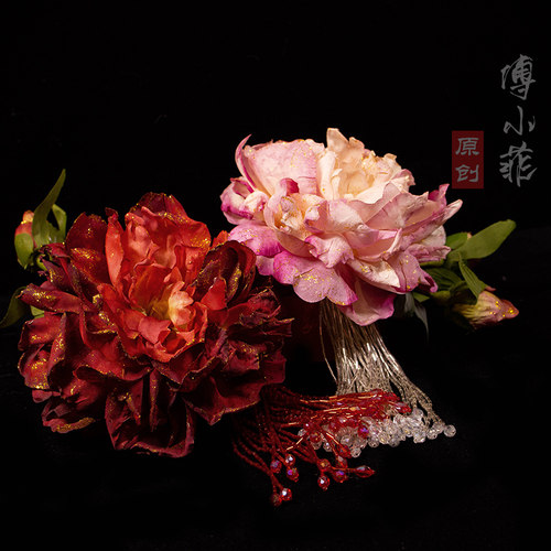 小菲家金边流苏牡丹仿真焦边枯叶之花齐胸唐风绢花发夹 - 图3