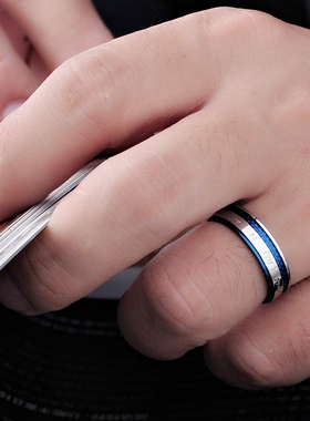 蓝色男士钛钢日刻字戒指简约饰品
