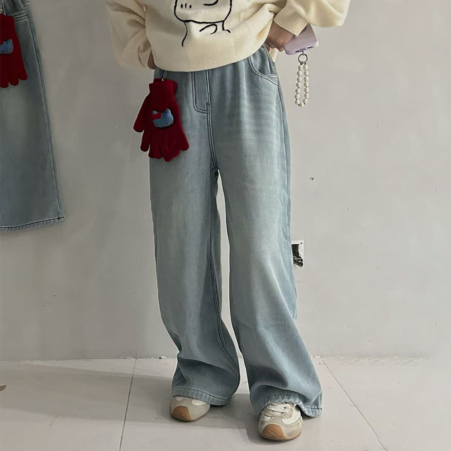 潮牌冬装女童一体绒直筒牛仔裤中大童宽松直筒阔腿裤男童装休闲裤,淘宝优惠券,粉丝福利购,淘宝优惠卷