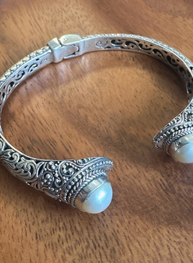 925纯银复古镂空开口白珍珠手镯 纯银手镯
