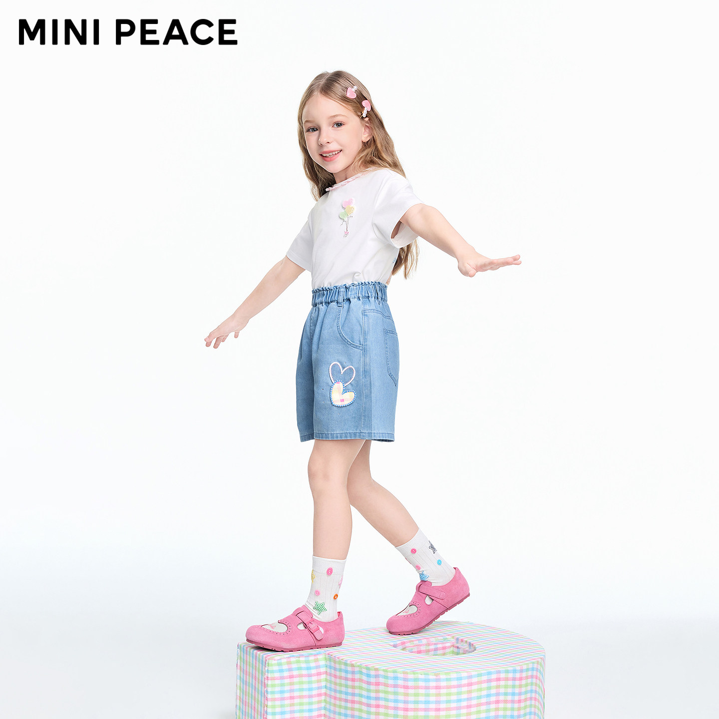 MINIPEACE太平鸟童装女童牛仔短裤夏季薄款儿童格纹贴布五分裤