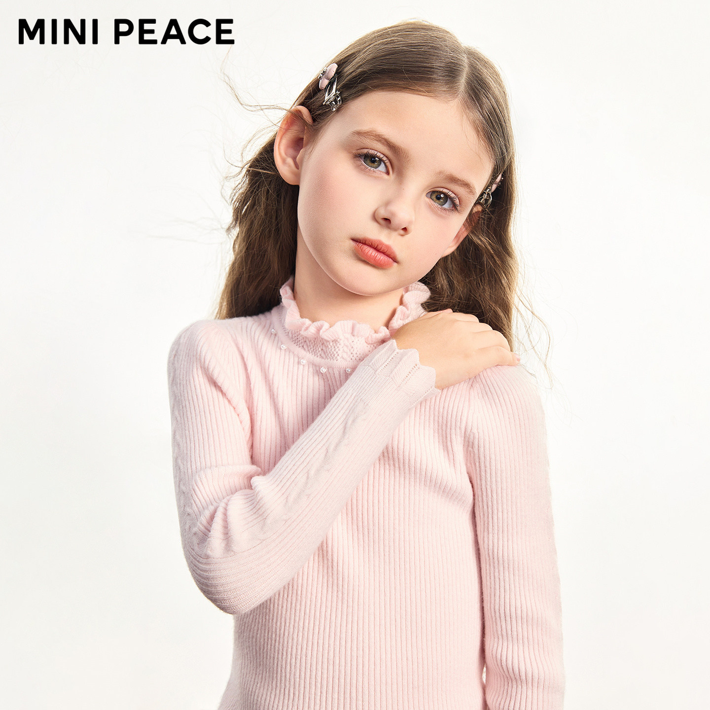 MINIPEACE太平鸟童装女童半高领针织衫秋冬装女宝打底木耳边毛衫