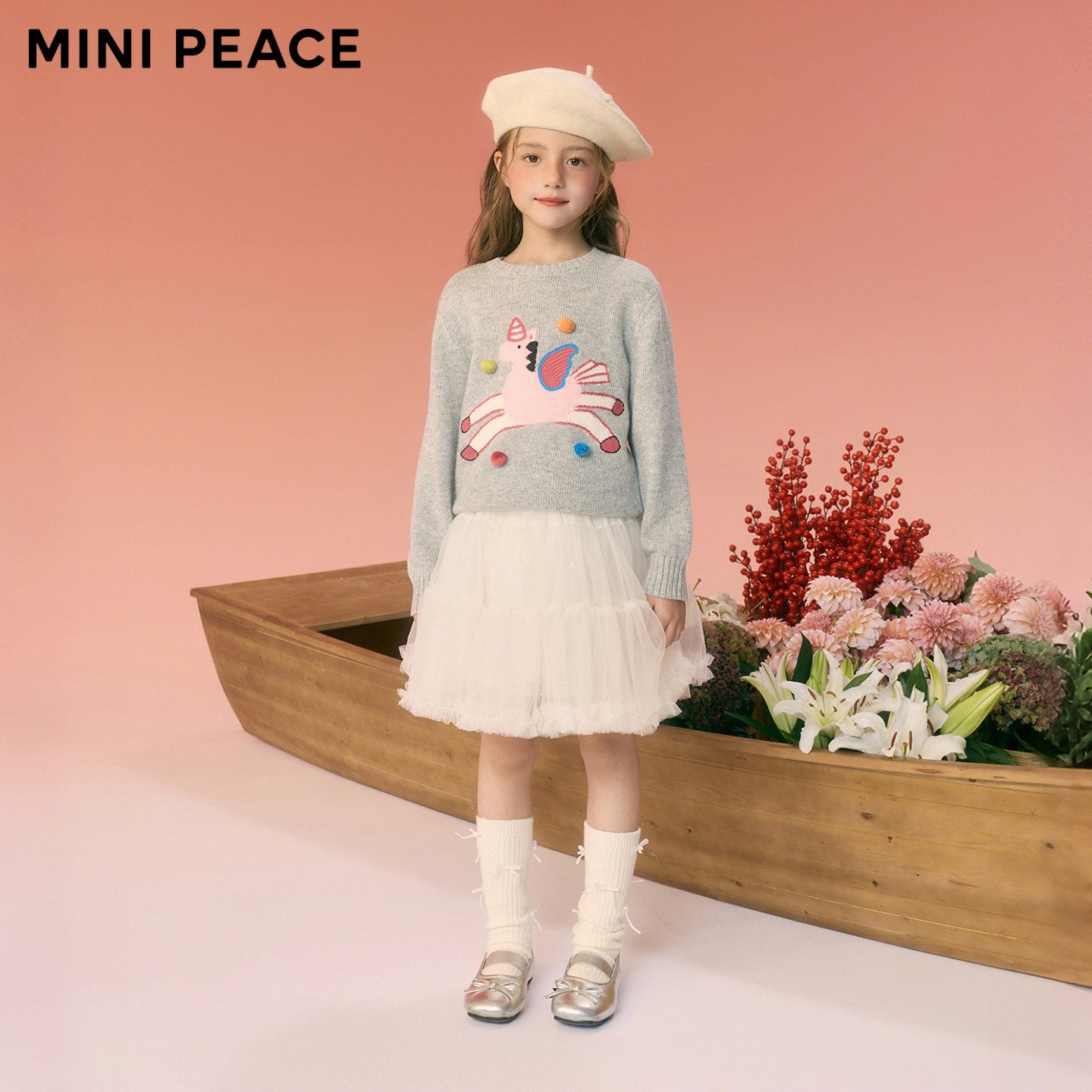 MINIPEACE太平鸟童装女童卡通套头毛衣秋冬新款马年毛衫新年衣服