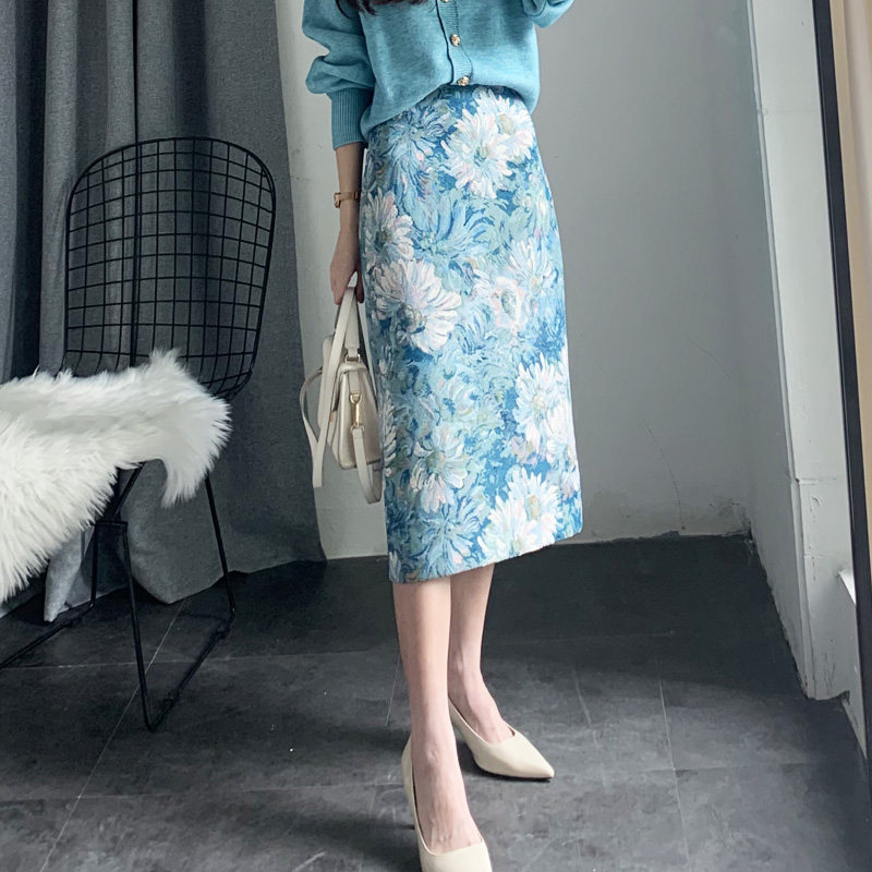 油画2022春秋高腰显瘦开叉半身裙 mzgg木子格格半身裙