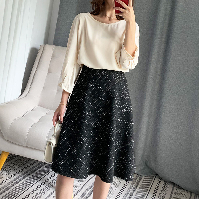 格子a字2022春秋季新款黑色半身裙 mzgg木子格格半身裙