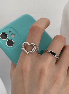 BIZARRE｜镂空爱心戒指女925银复古小众黑色链条ins高级时尚指环