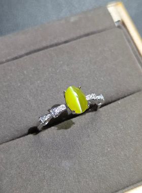 天然金绿猫眼石戒指重量1.3克拉4.8*7.1mm眼线清晰犀利925银镶