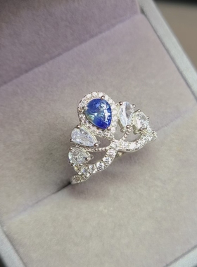 天然蓝宝石戒指 矢车菊蓝 水滴 皇冠款 雍容华贵 正经蓝宝石