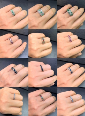 天然宝石彩色宝石排戒全家福红宝石祖母绿蓝宝石碧玺月光石925银