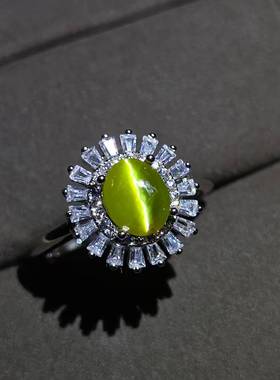 天然金绿猫眼石戒指尺寸5.6*7.2mm眼线极其好金绿色收藏级别925银