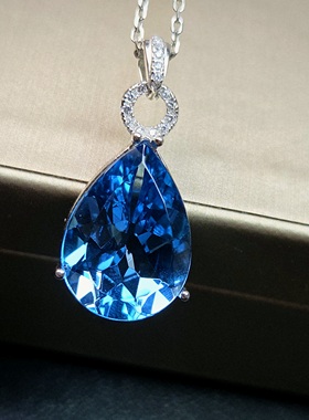 托帕石吊坠正品托帕石20年前老货浓郁颜色瑞士蓝水滴13*18mm全净