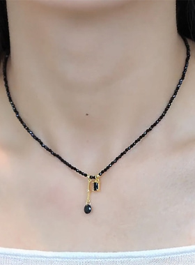 复古黑色水晶流苏项链女高级感