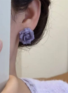 超仙紫色玫瑰花耳钉女2026新爆款