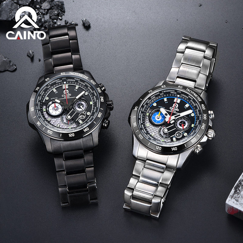 卡伊诺户外盘钢带防水多功能石英表 caino坤利达国产腕表