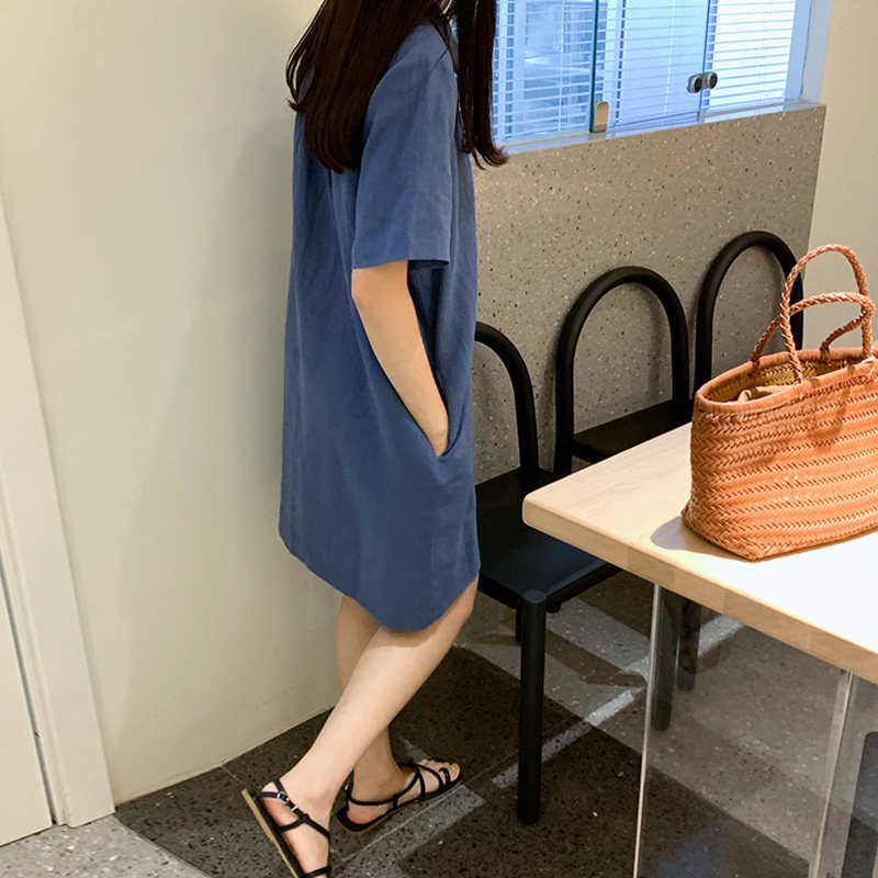 市舶司现货气质显瘦亚麻韩国连衣裙 市舶司连衣裙