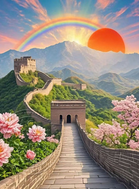 国风长城绿色万里长城靠山图旭日东升风景画办公室背胶不干胶贴纸