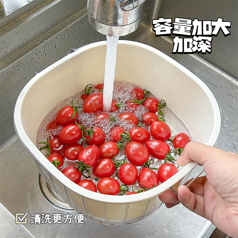 透明洗菜盆沥水篮厨房加厚双层滤水篮家用淘洗水果篮子置物三件套 - 图0