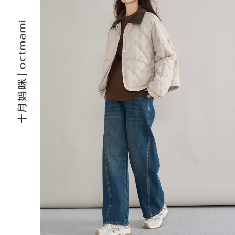 十月妈咪孕妇撞色翻领短款羽绒服冬季新款外穿宽松外套上衣冬装