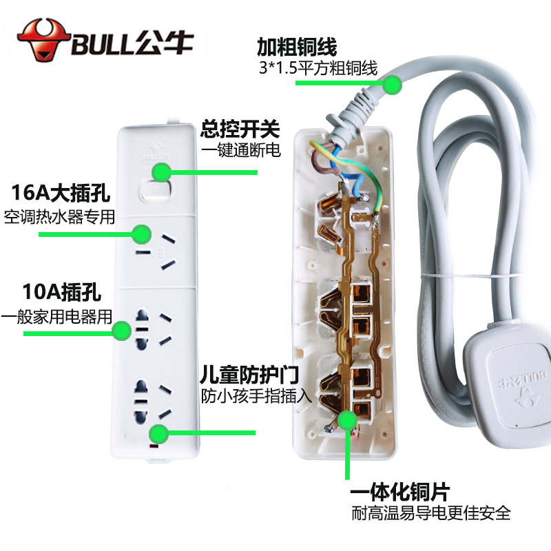 公牛16安空调插座转换器16a转10a插头一分二三大功率专用三孔排插 - 图2