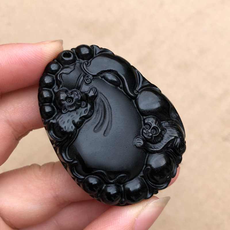 黑曜石丰粮足布袋猴吊坠丰衣足食福禄双全项链挂件送人随身礼物