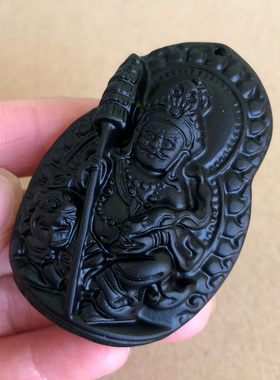 天然正宗黑曜石领头财神吊坠 天王财神爷明王藏教密宗大黑天挂件