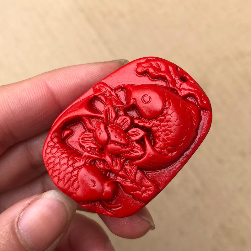 缺水补水项链 天然朱砂双鱼团座吊坠挂件莲花鱼证书