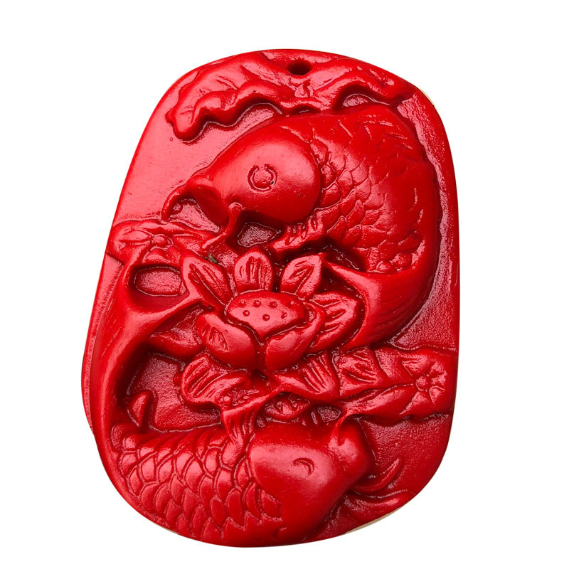 缺水补水项链 天然朱砂双鱼团座吊坠挂件莲花鱼证书