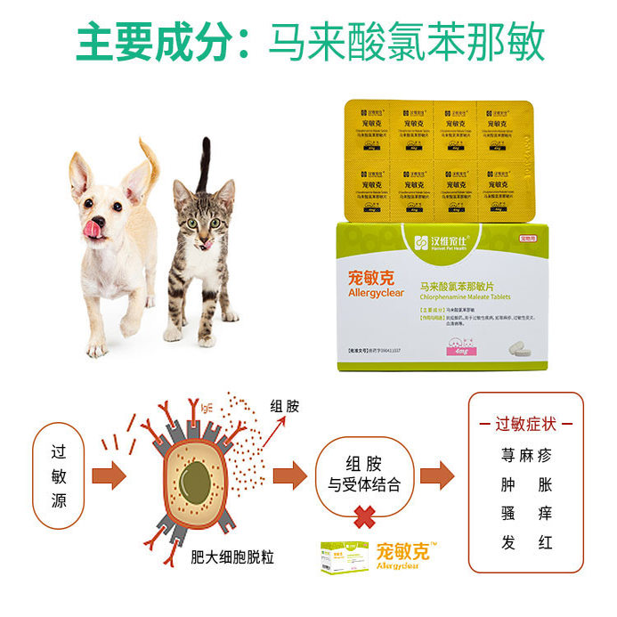 宠物止痒药狗狗皮肤病真菌细菌狗过敏马来酸氯苯那敏片汉维宠敏克