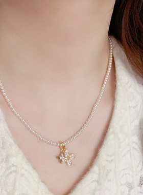 春季新款温柔百搭锆石四叶花吊坠珍珠项链女气质时尚高级感锁骨链