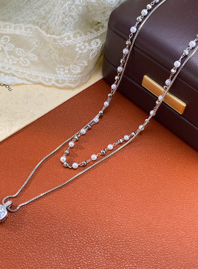 日韩气质时尚温柔百搭双层珍珠方形吊坠项链个性轻奢设计感锁骨链